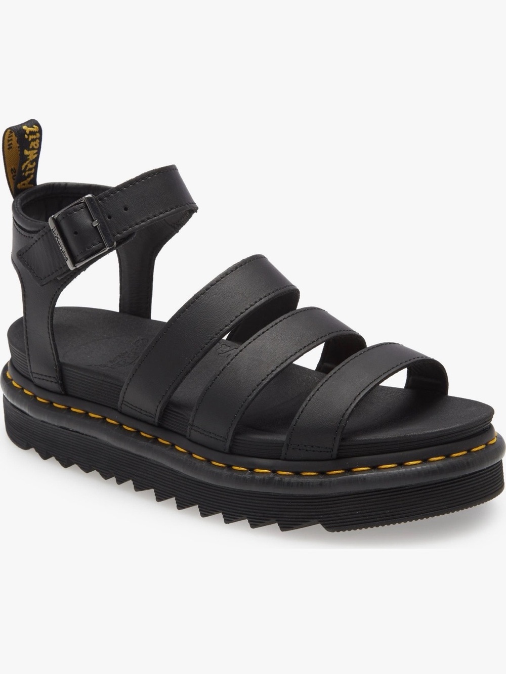 Dr. Martens Black Leather Platform Gladiator Sandal with Yellow Stitching size 8